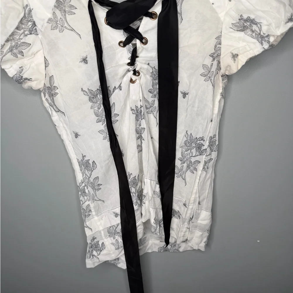 Anthropologie x Leifsdottir Tie Back Puff Sleeve Sheer Floral Bee Print Blouse
